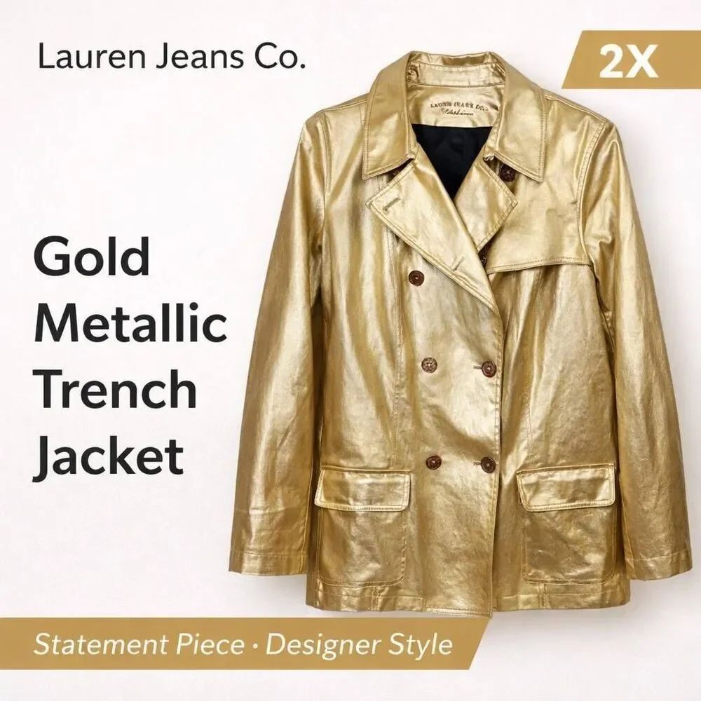 Lauren Jeans Co Gold Metallic Trench Jacket Women 2X Double Breasted